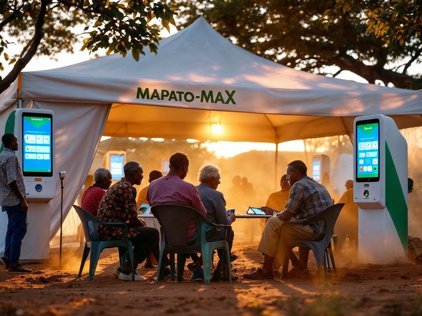 Mapato Max community onboarding kiosks at sunset