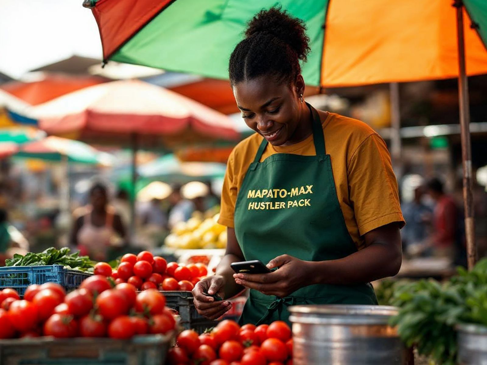 Mama mboga at her market stall using the Mapato Max Hustler Pack